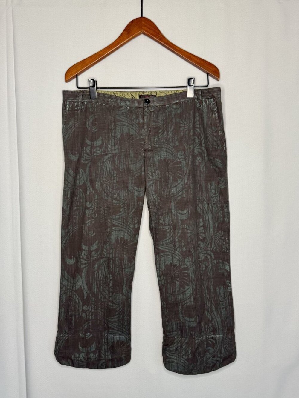 Vintage Custo Barcelona Low Rise brown Green Brocade Print Capri Trouser Size 10